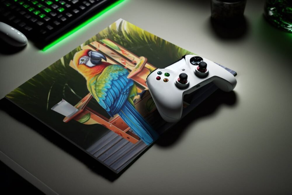 Tropical Tranquility Parrot Enjoying Coconut Milk on a Chair - Gaming Pad