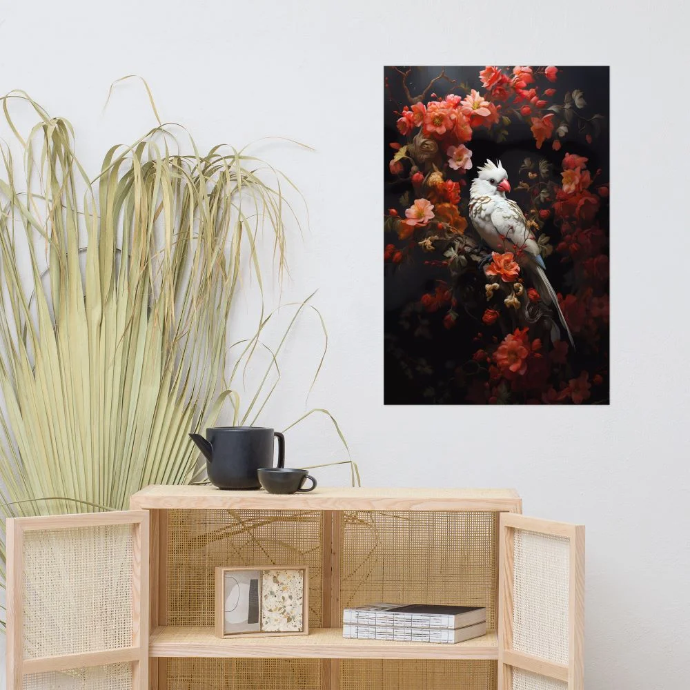 Museum-Quality White Parrot and Floral Poster: A Touch of Elegance for Your Home or Office - Image 2