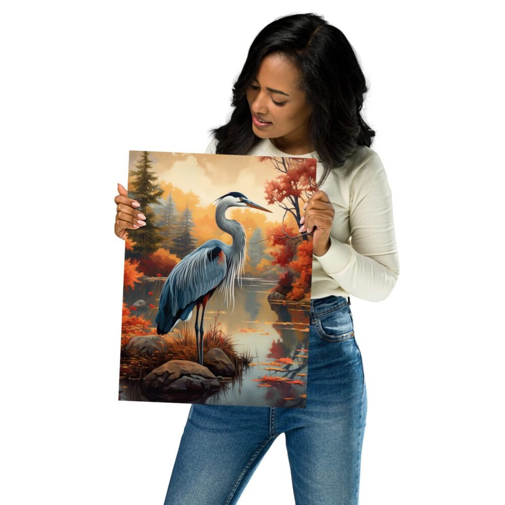 Great Blue Heron on Autumn Pond, Premium Poster