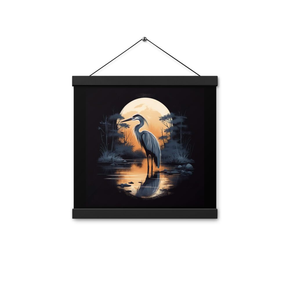 Full Moon Heron Bird Poster, black wood