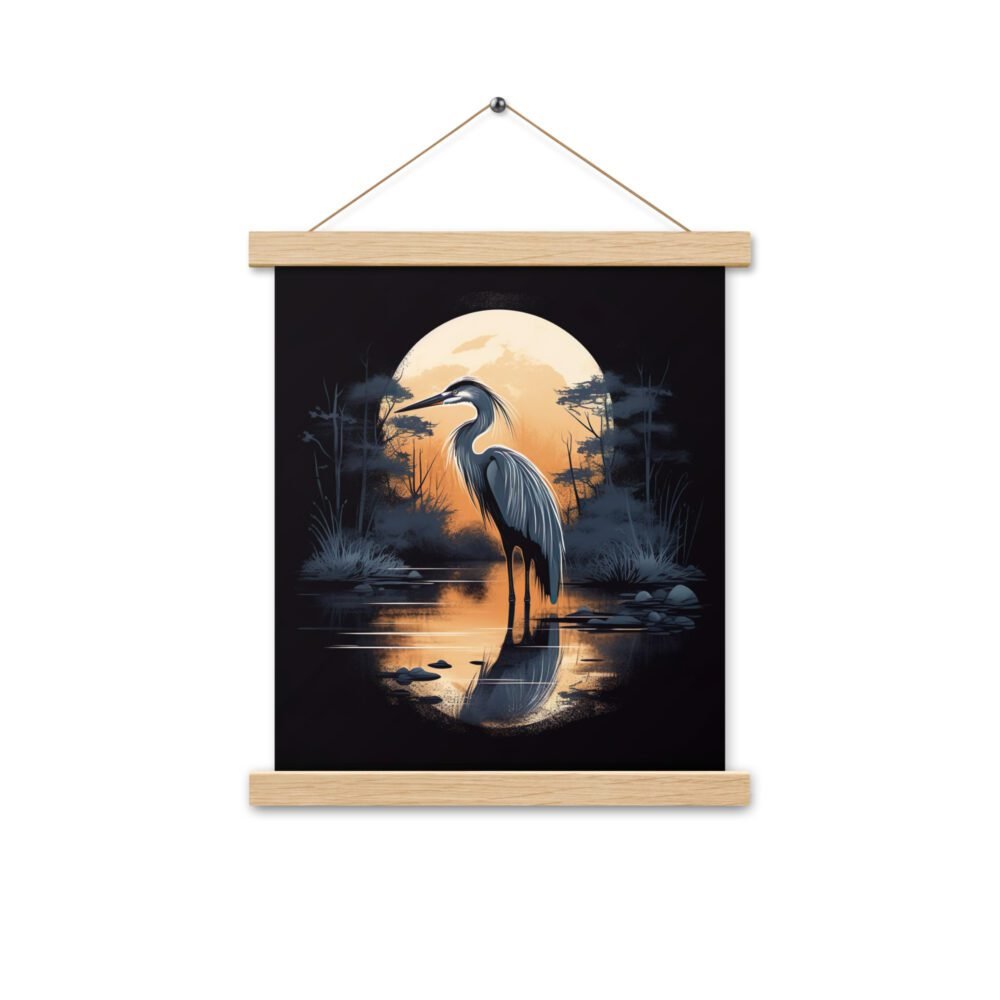 Full Moon Heron Bird Poster, with wood hangers
