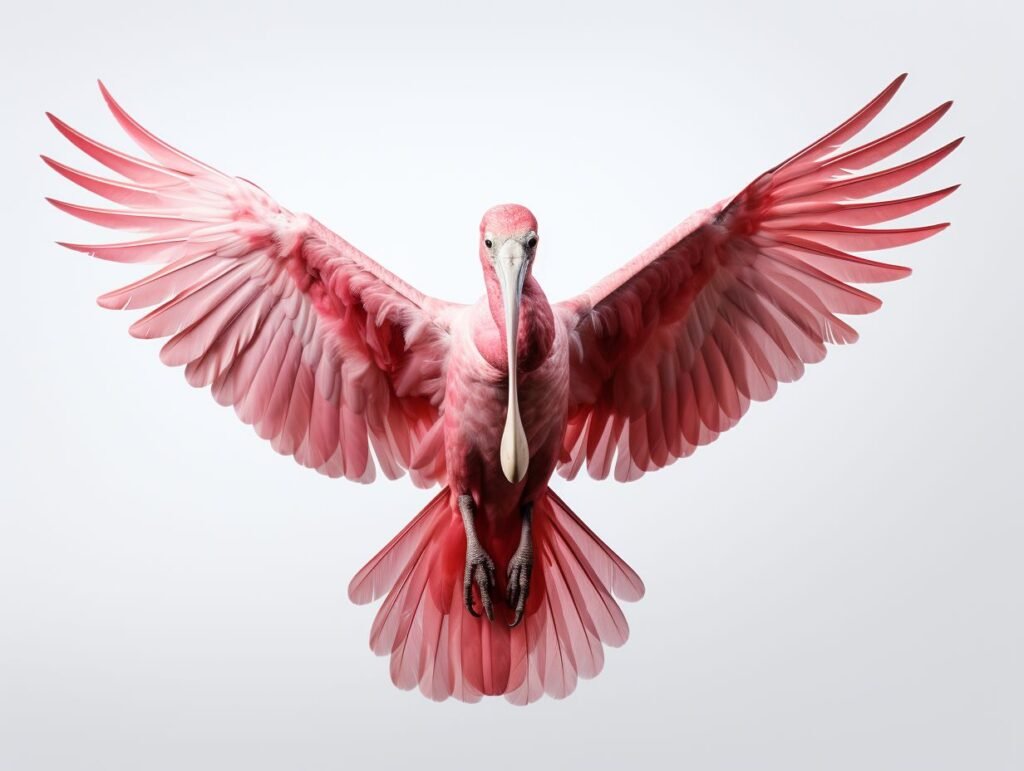 Roseate Spoonbills (Platalea Ajaja) - Flying bird portrait