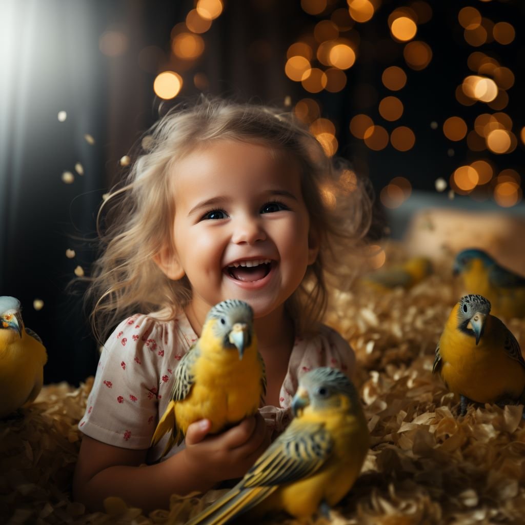 A happy girl playing with budgies