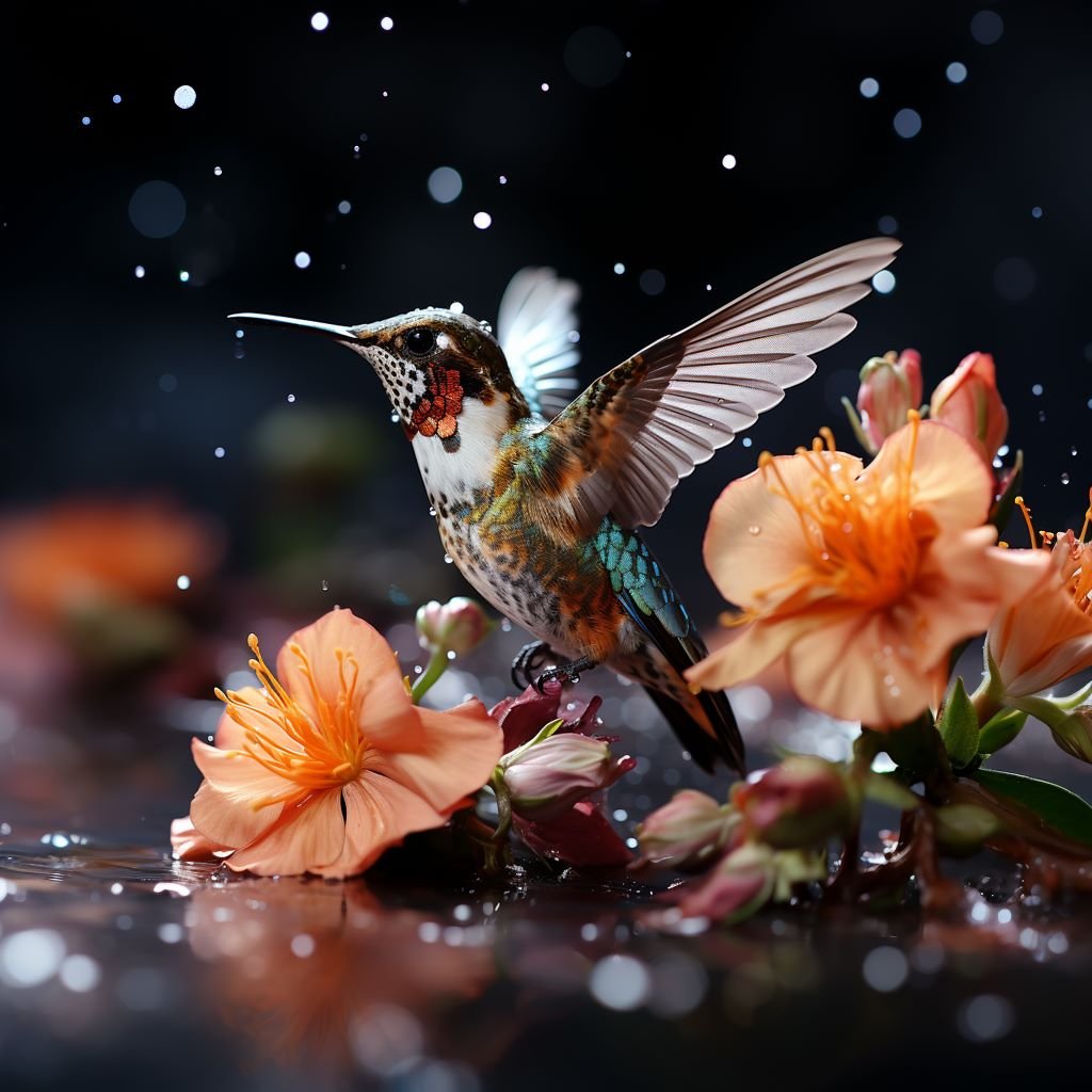 Hummingbird flying over wather - orange flowers