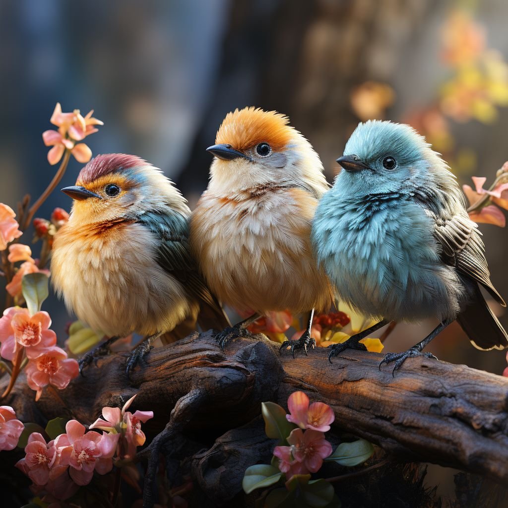 Cute and fluffy colorful baby birds