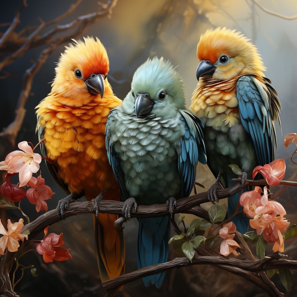 A group of colorful baby parrots