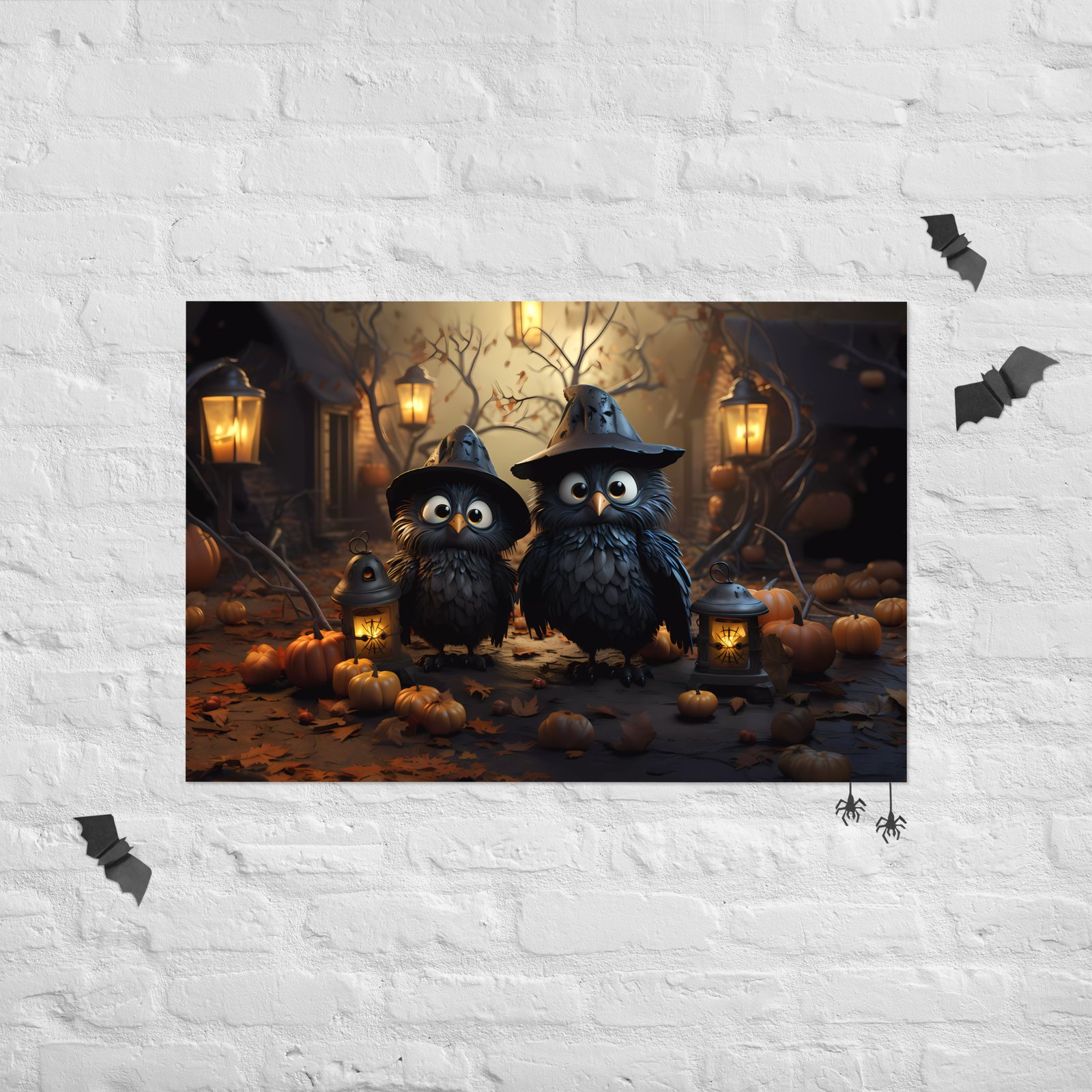 Spooky Owlets in Witch Hats - Halloween Photo Paper Poster