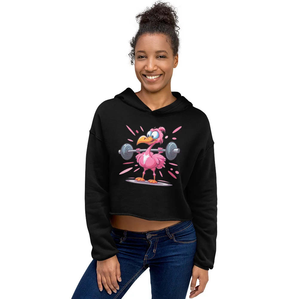 Muscle Flamingo Barbell Crop Hoodie – Funny Gym Wear for Fit Women