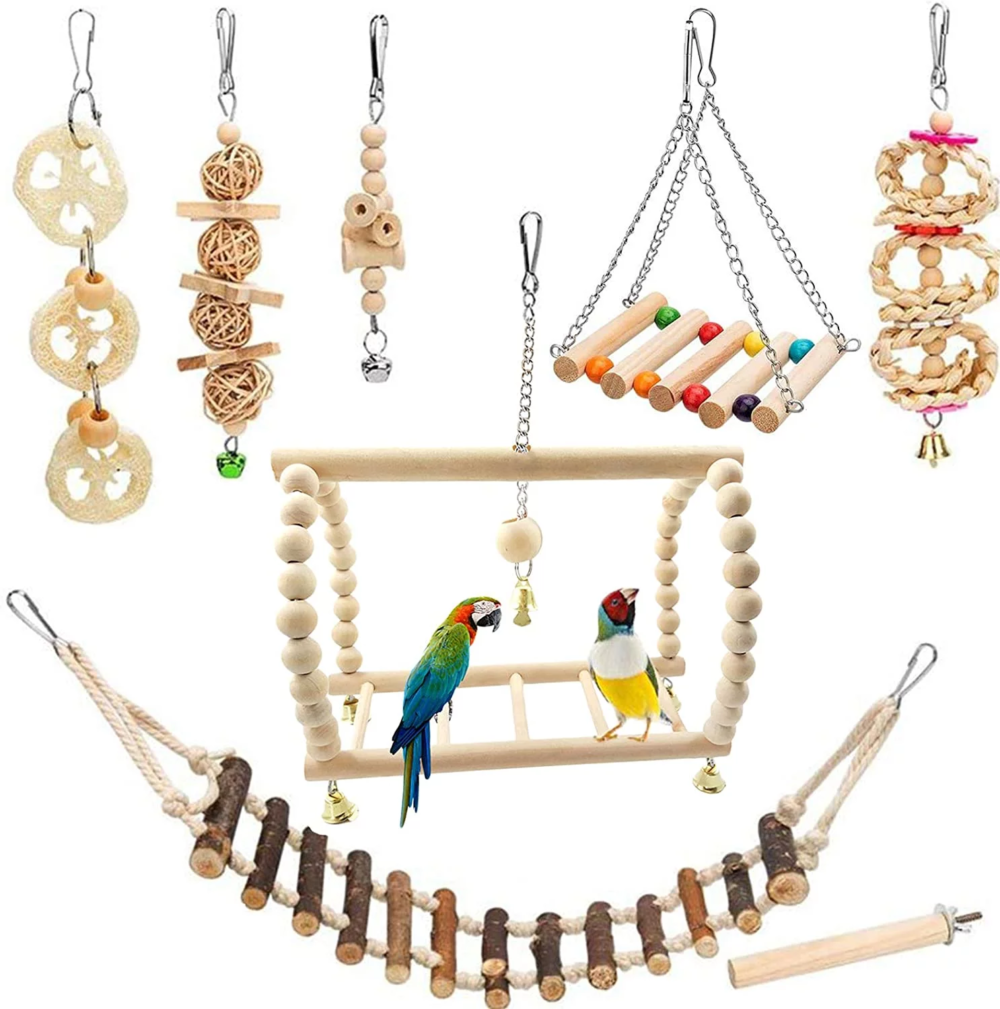 8-Piece Bird Toy Set: Parakeet, Parrot, Cockatiel Toys - Chew, Swing & Play