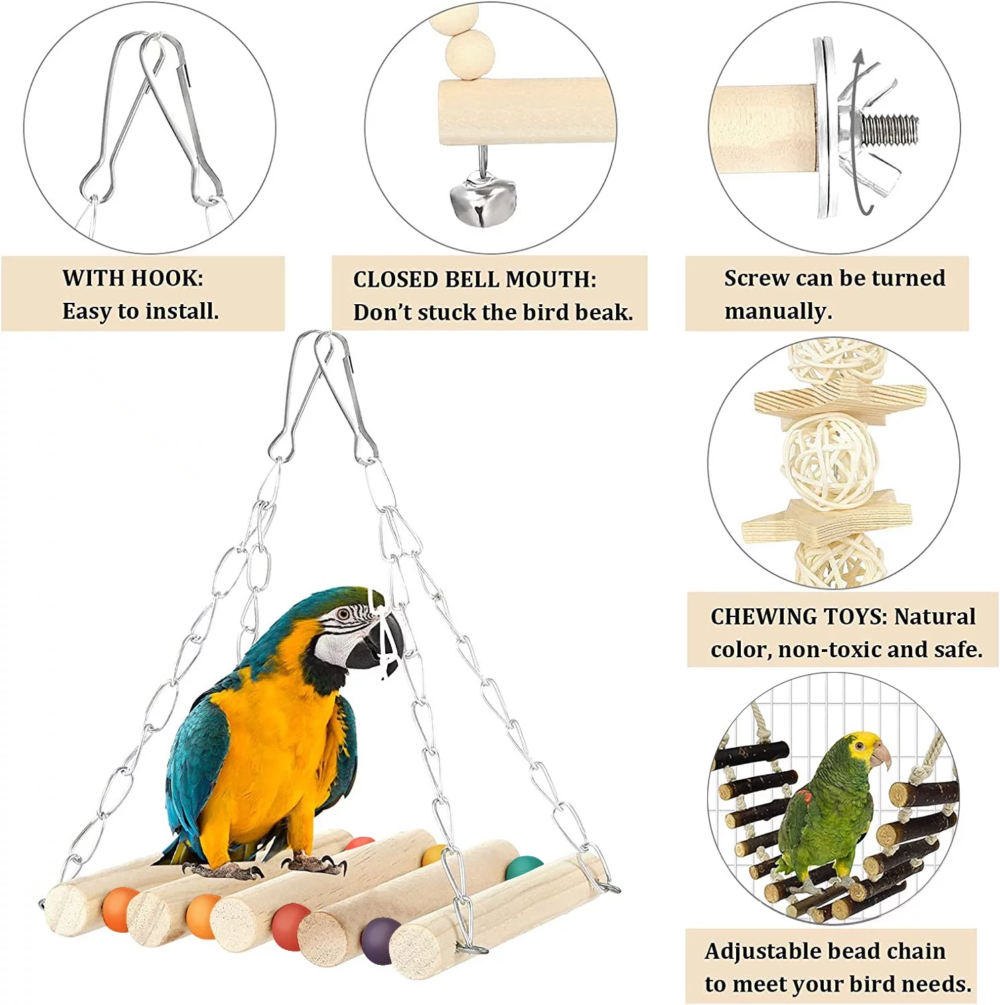 8-Piece Bird Toy Set: Parakeet, Parrot, Cockatiel Toys - Chew, Swing & Play - Image 2