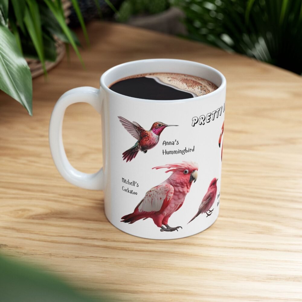 mug with names of bright pink bird species