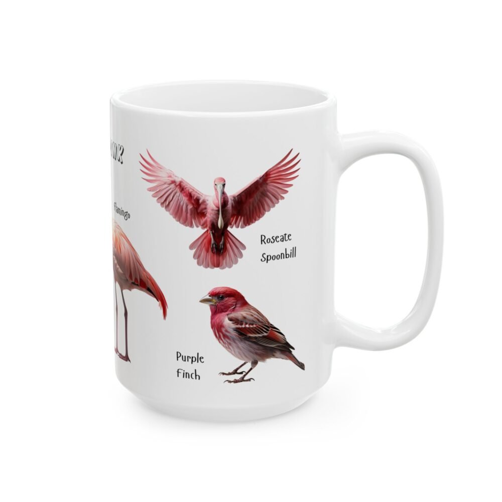 ceramic mug with real bright pink birds
