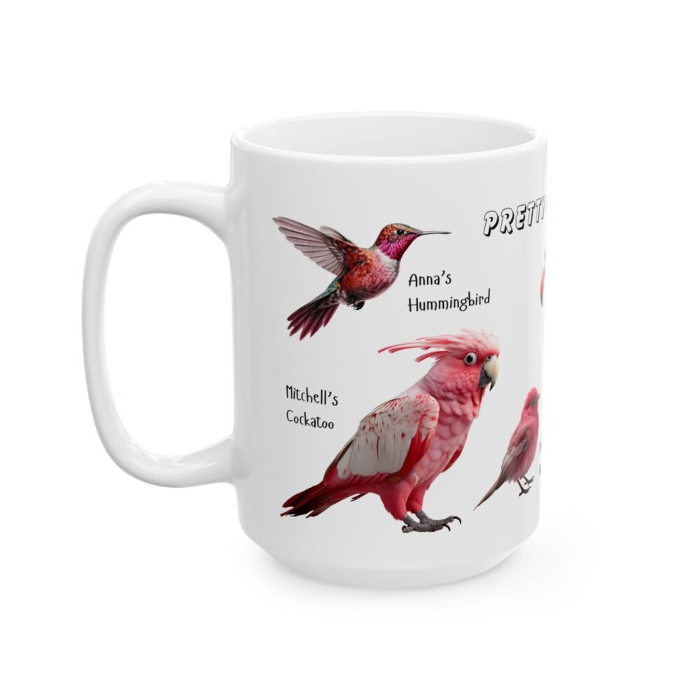 pretty in pink mug with fluffy bird design