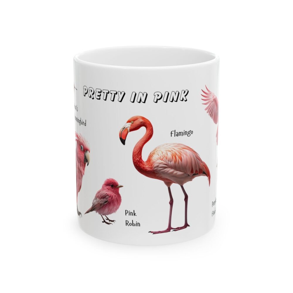 bright pink birds printed ceramic mug