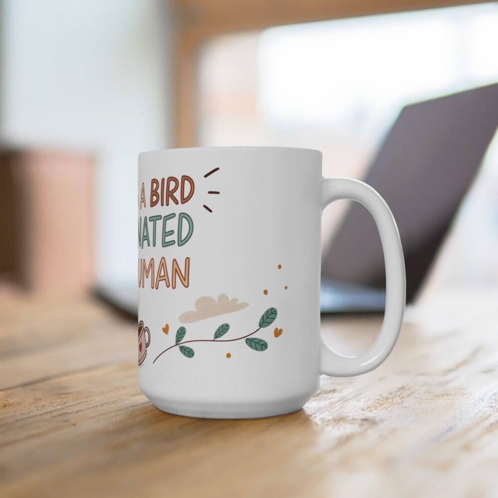 Funny bird themed coffee mug with yellow bird illustration