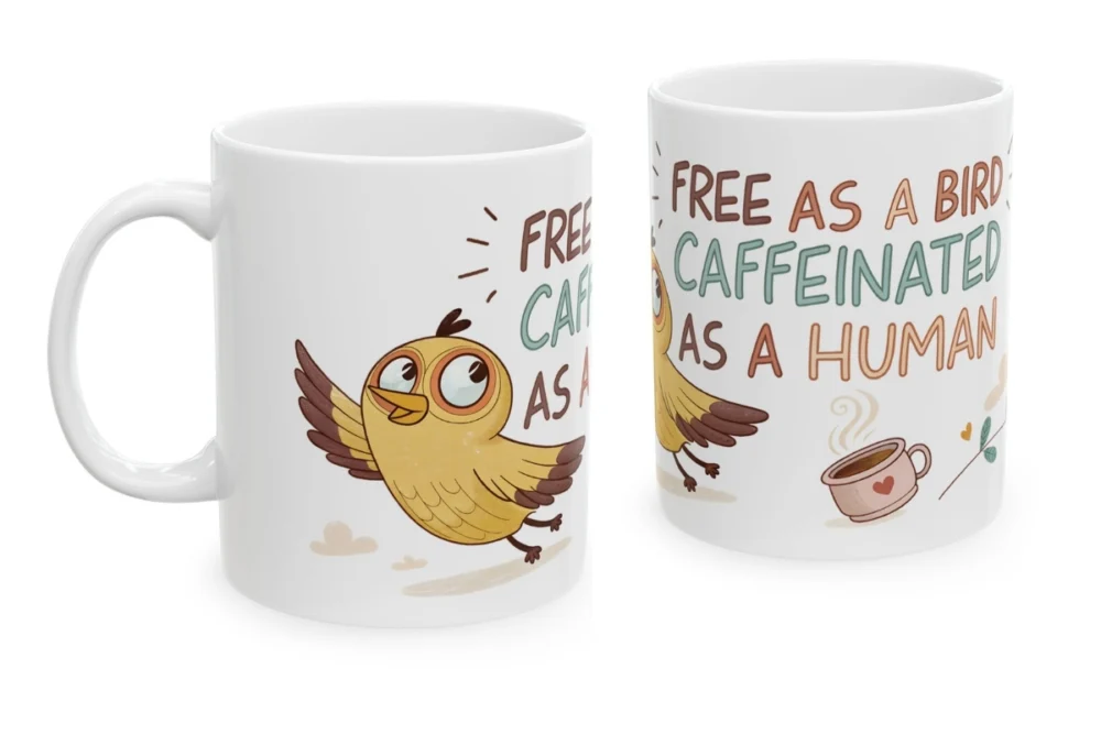 Free as a bird caffeinated as a human ceramic mug