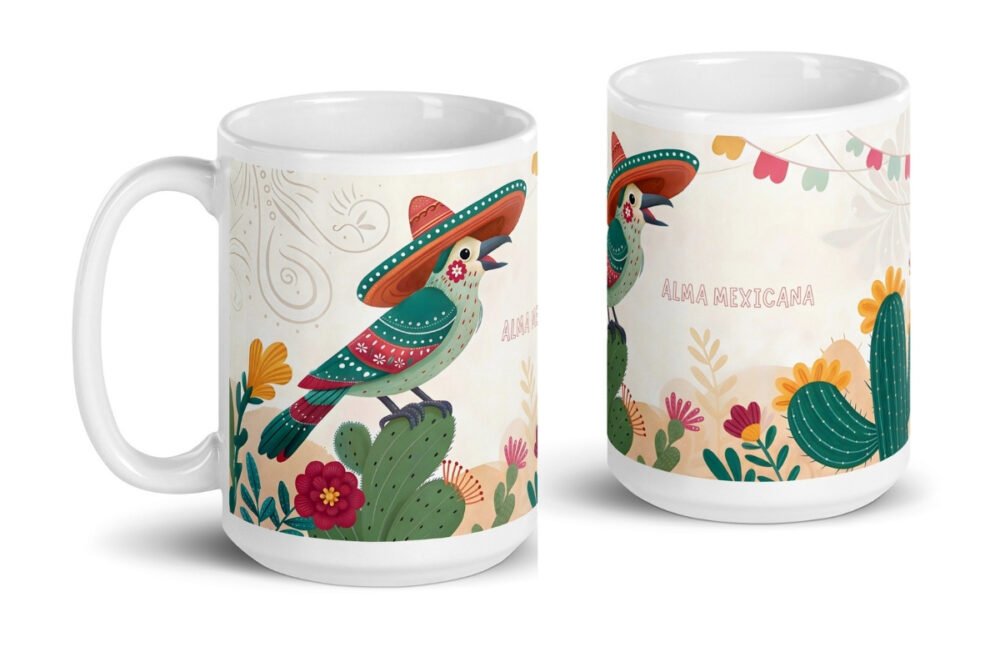 Colorful ceramic mug with a bird wearing a sombrero and "Alma Mexicana" text.