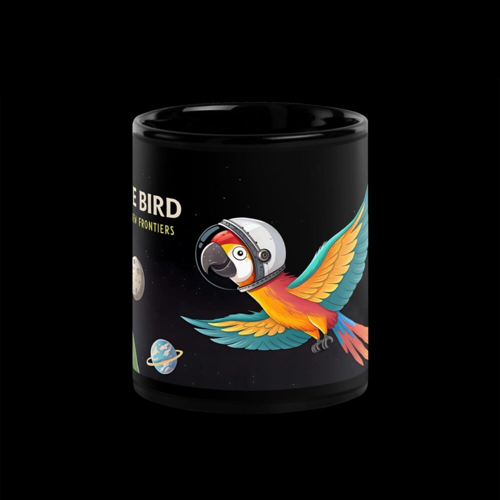 Colorful illustration of a parrot exploring new frontiers in a space helmet on a mug.