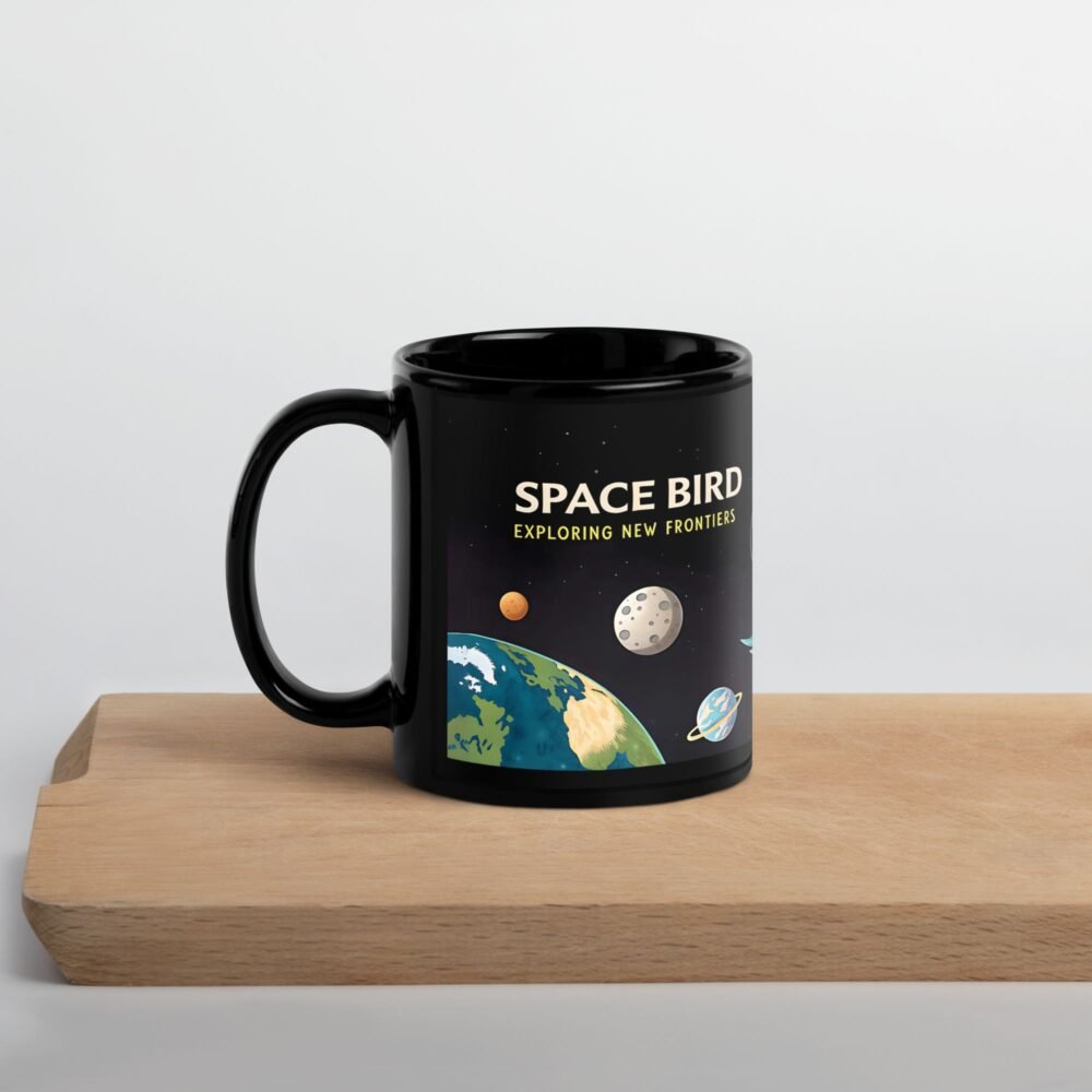 Ceramic mug with illustration of a parrot wearing a space helmet flying in space.