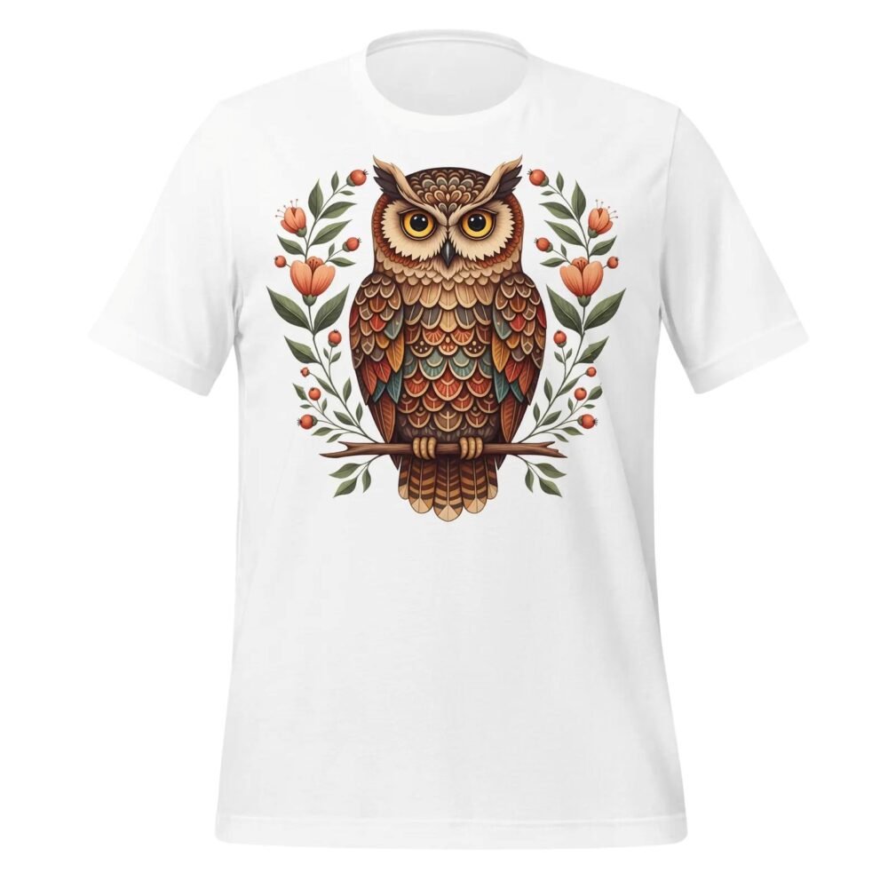 Boho owl Comfort Colors tee with a detailed colorful owl and floral design.