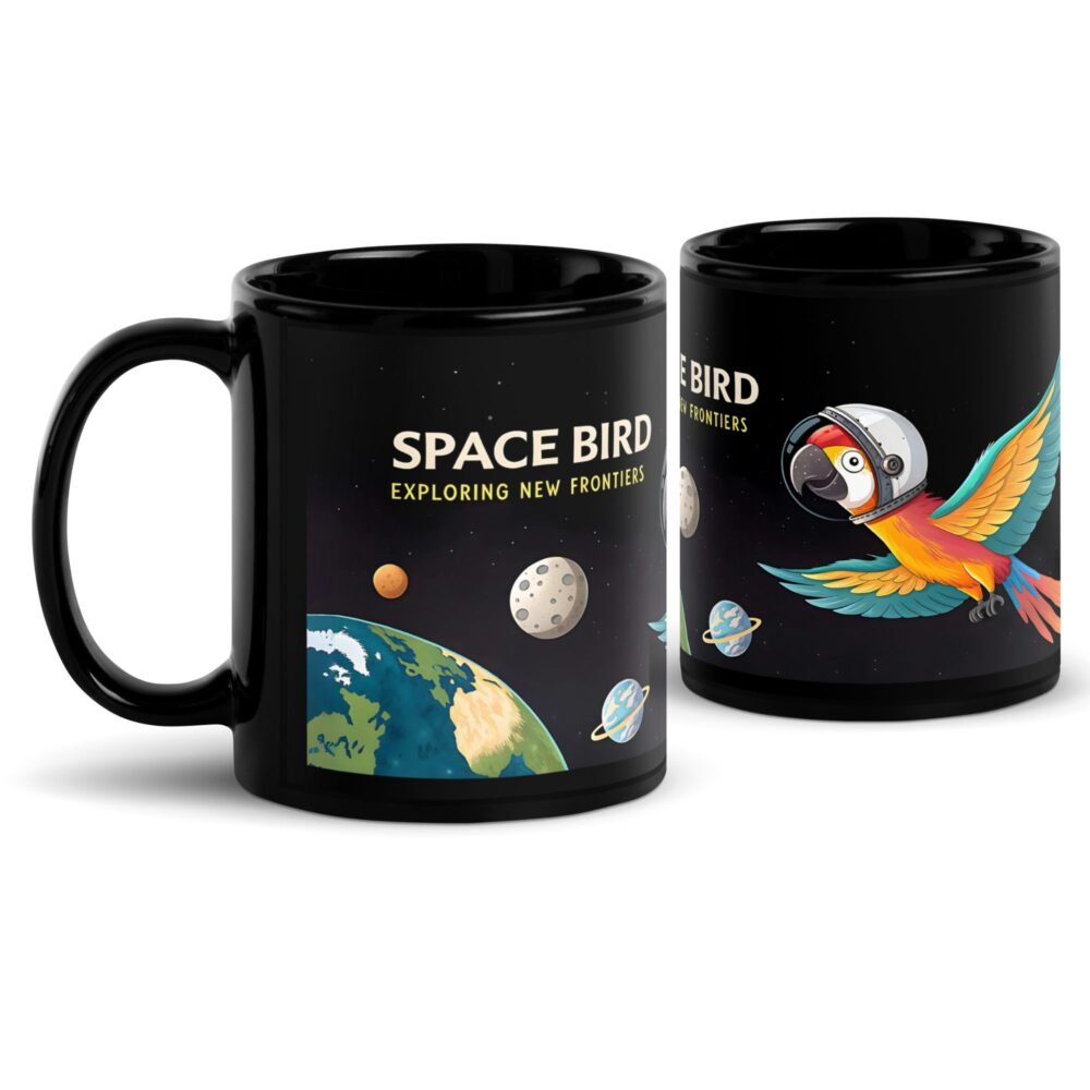 Vibrant glossy mug featuring a bird in a space suit, celebrating space exploration.