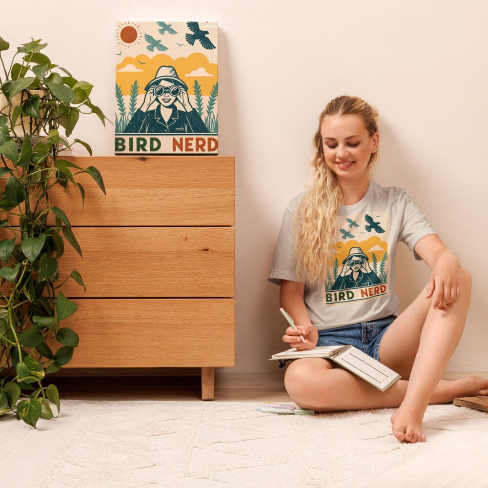 Womens birdwatching shirt with a retro design and "Bird Nerd" text.