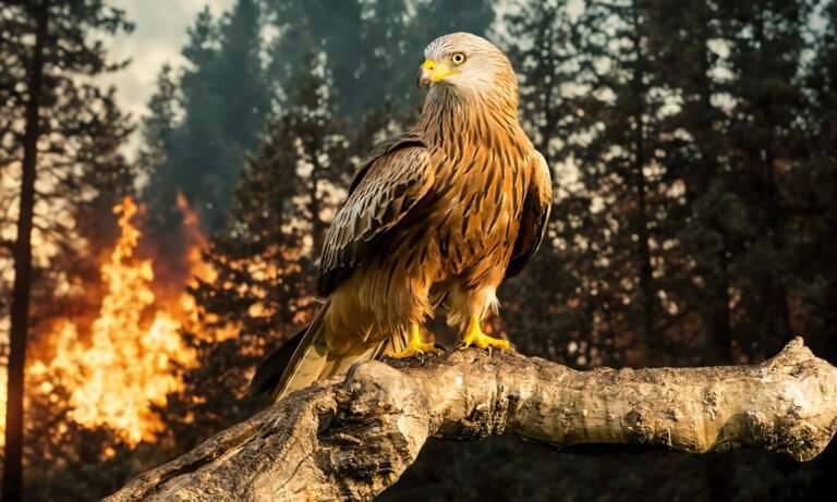 Brown Falcon perched calmly on a branch with a forest fire burning in the background, smoke and flames rising behind the bird.