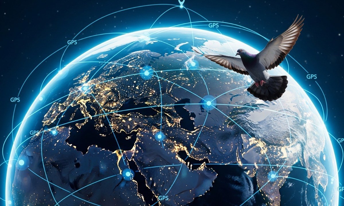 A symbolic image of a pigeon flying above a globe with GPS lines, illustrating the bird's powerful natural navigation and homing instinct.
