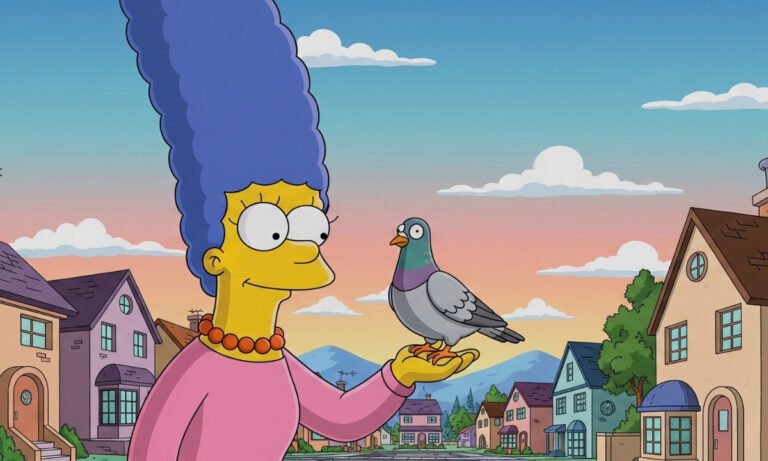 An illustration in The Simpsons style of Marge Simpson kindly holding a pigeon, referencing the article's pop culture hook.
