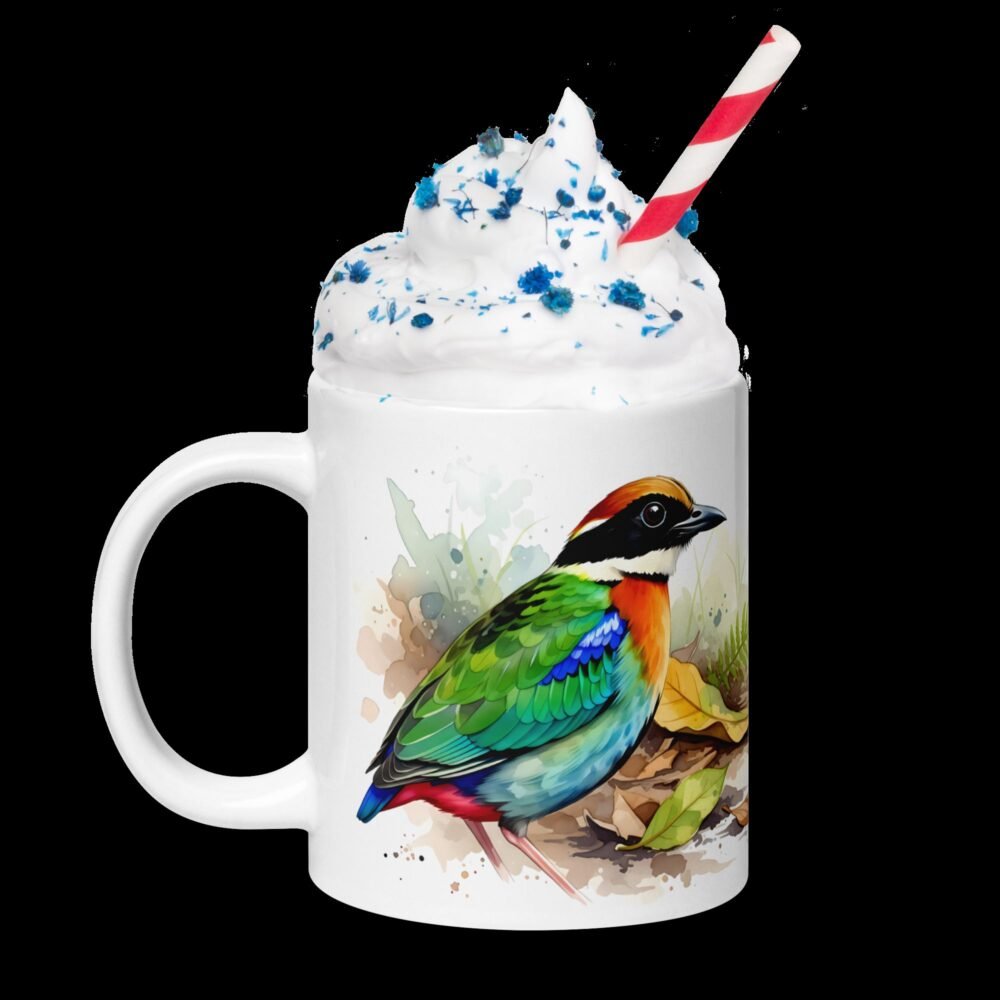 Unique artistic coffee cup featuring colorful Pittidae bird illustration and a charming saying.