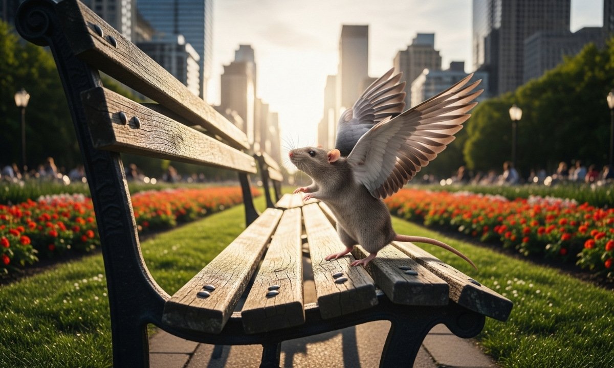 A funny photorealistic image of a city rat with large pigeon wings, challenging the negative 'rats with wings' stereotype.
