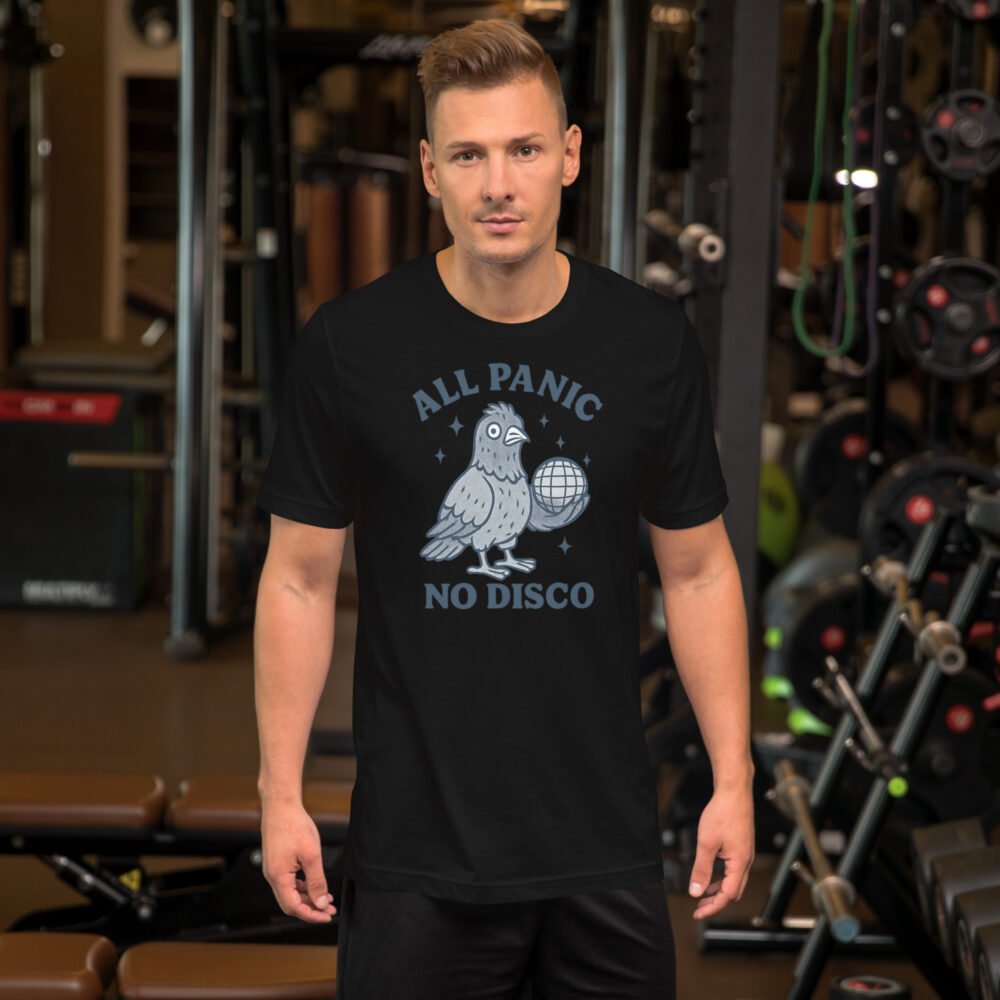 Anxiety humor t-shirt showing a bird with a disco ball and the "All Panic No Disco" quote.