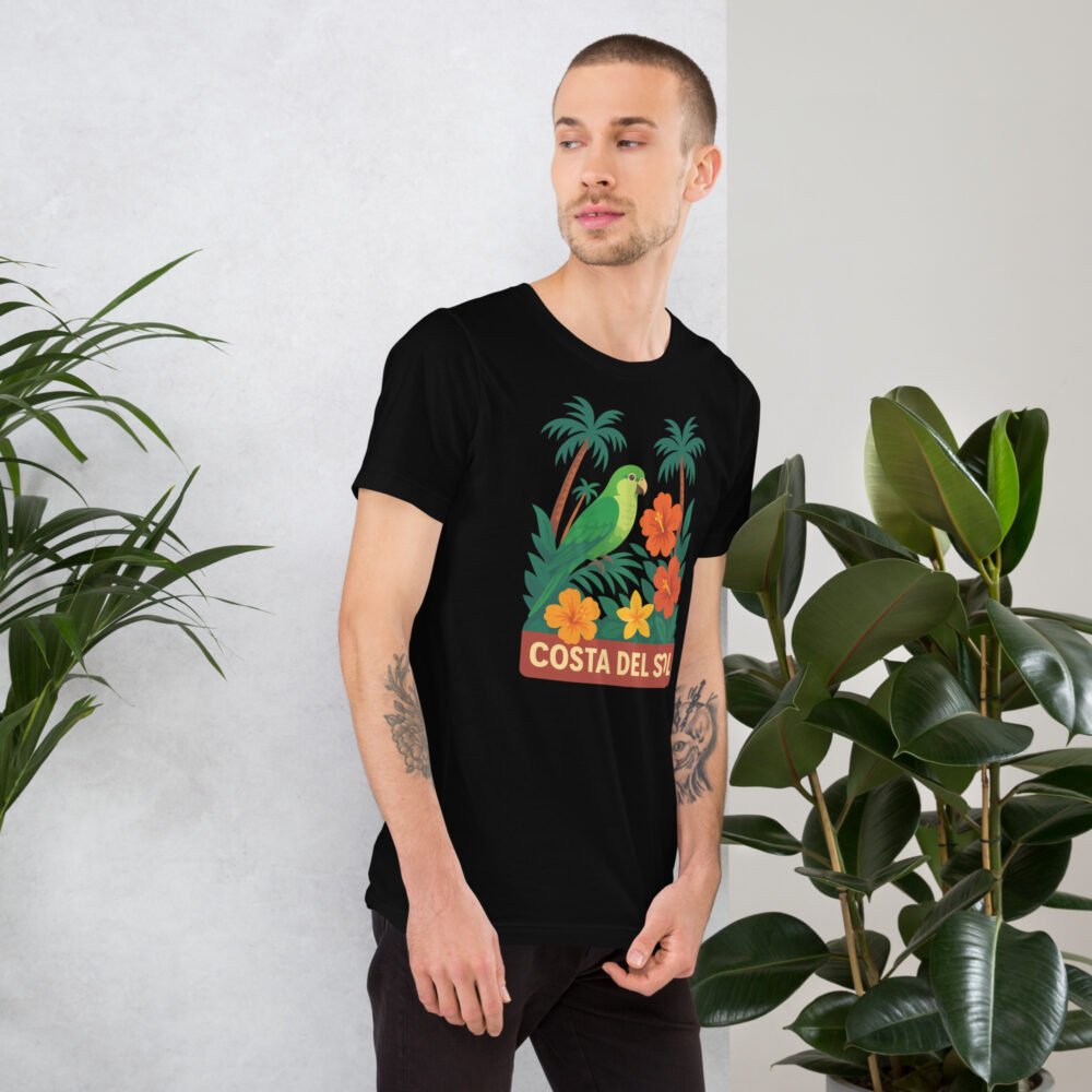Front view of the Costa del Sol t-shirt with its unique parrot, palm, and hibiscus design.