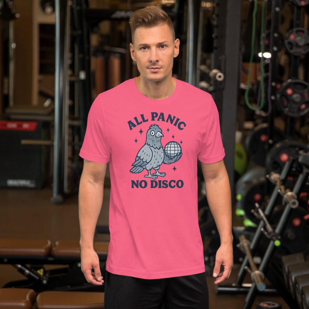 Funny pigeon lover t-shirt with a 90s retro design that says "All Panic No Disco."