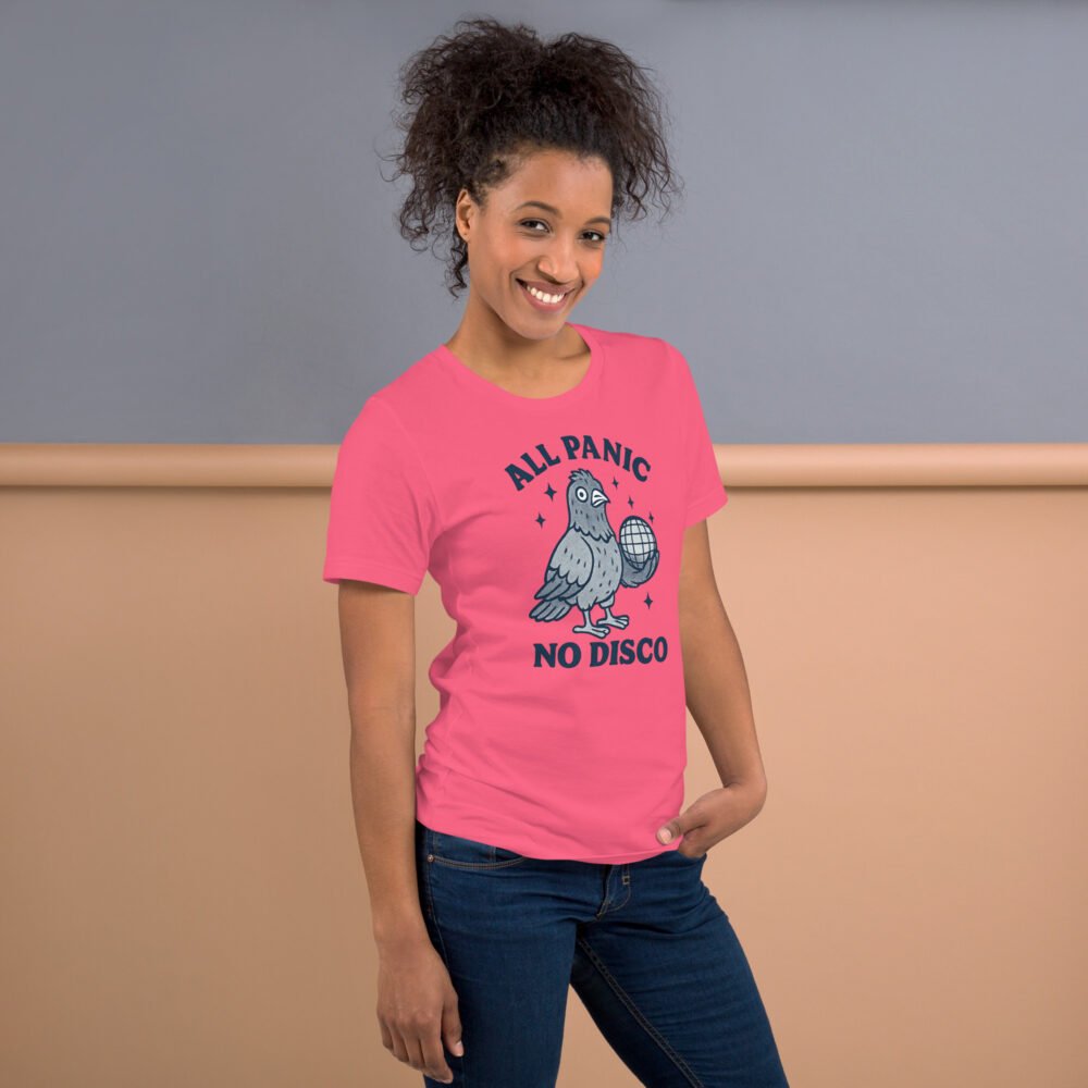 Graphic tee with a 90s style pigeon and the "All Panic No Disco" slogan.