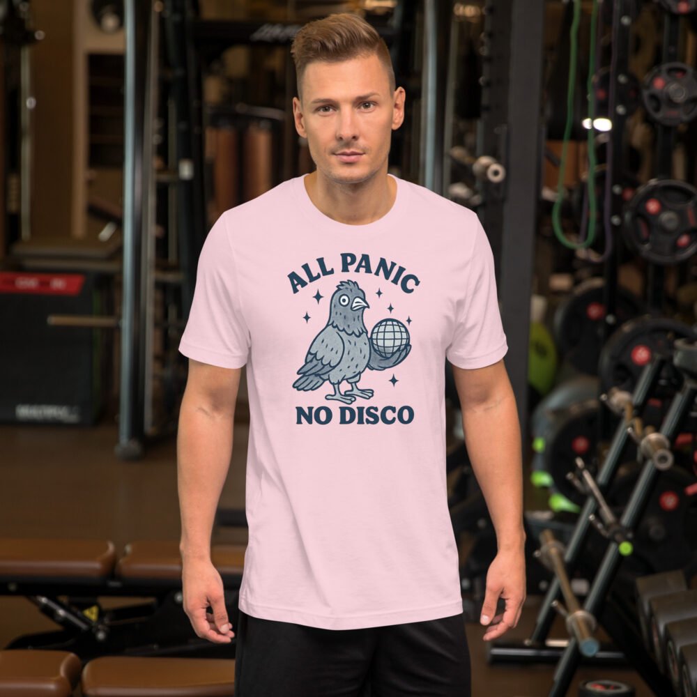 Funny mental health shirt featuring a 90s retro pigeon and "All Panic No Disco" text.