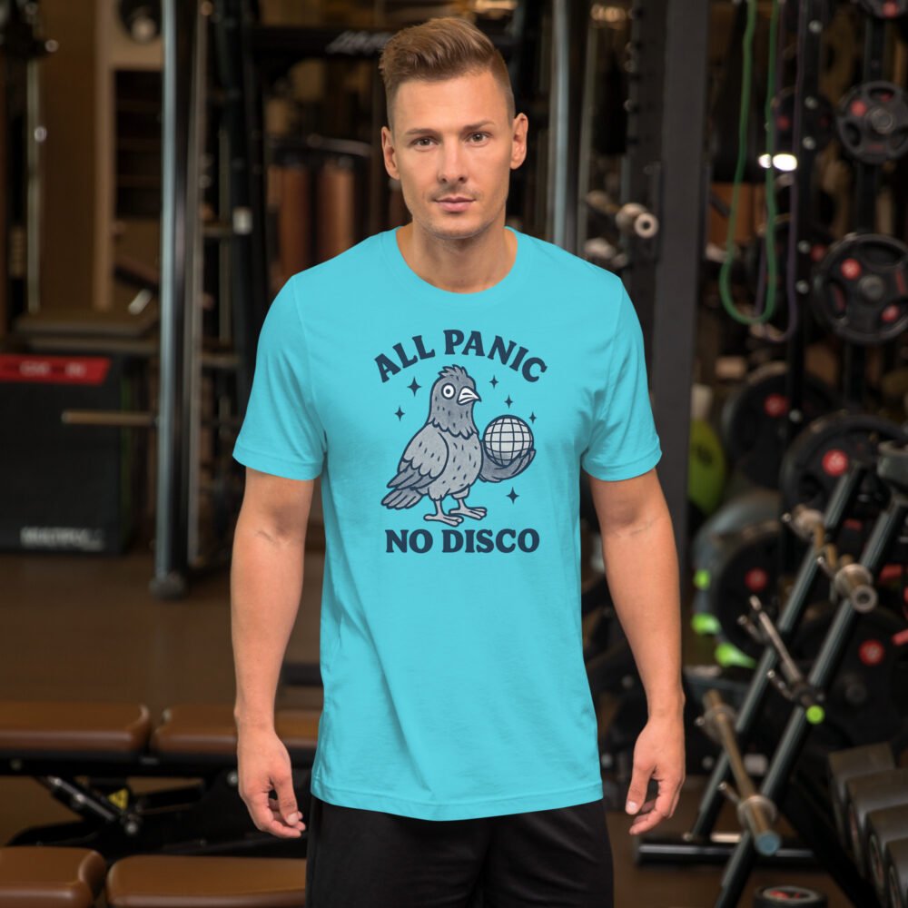 Aesthetic graphic tee with a vintage-style pigeon and the sarcastic quote "All Panic No Disco."