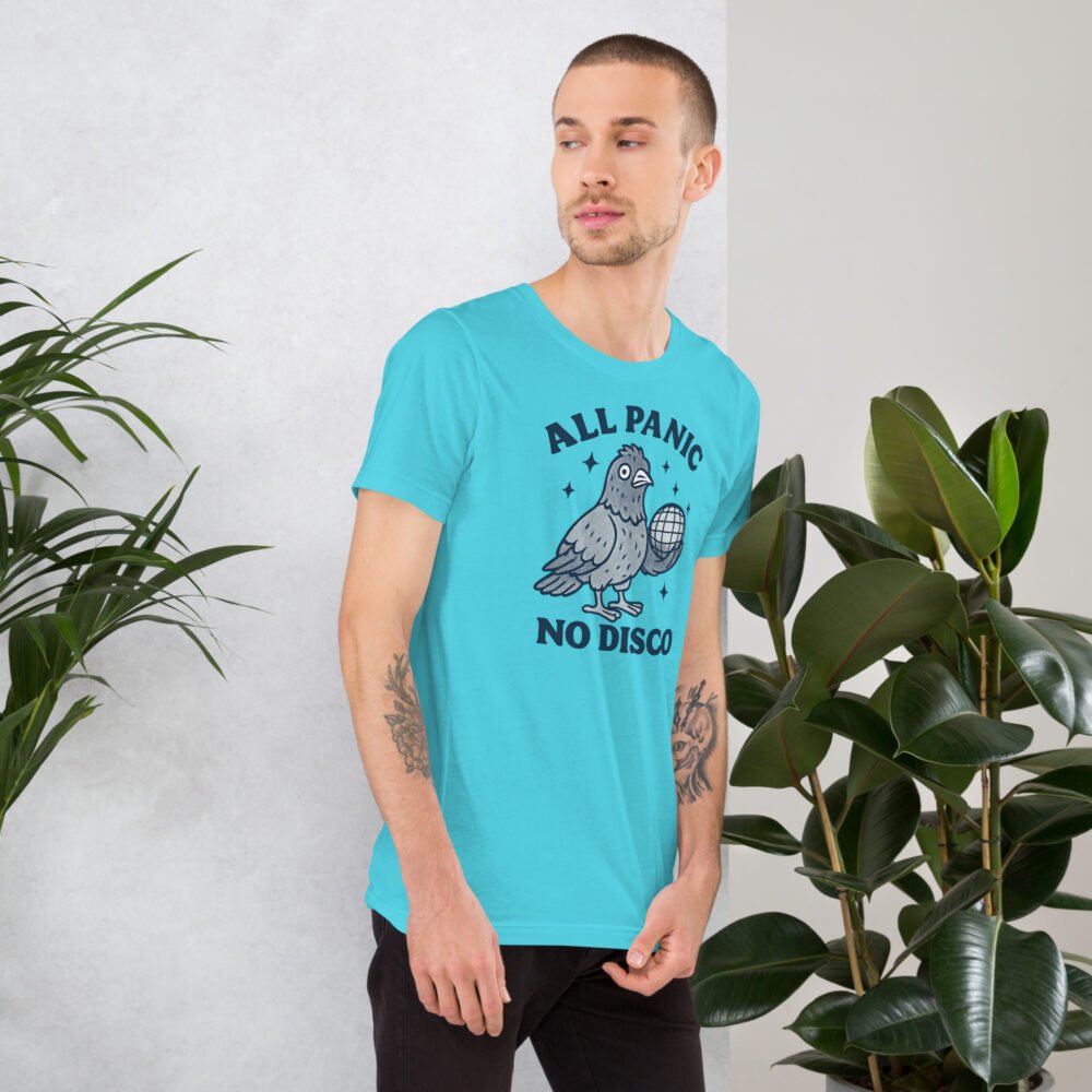 Ironic party shirt for introverts showing a panicked pigeon and the phrase "All Panic No Disco."