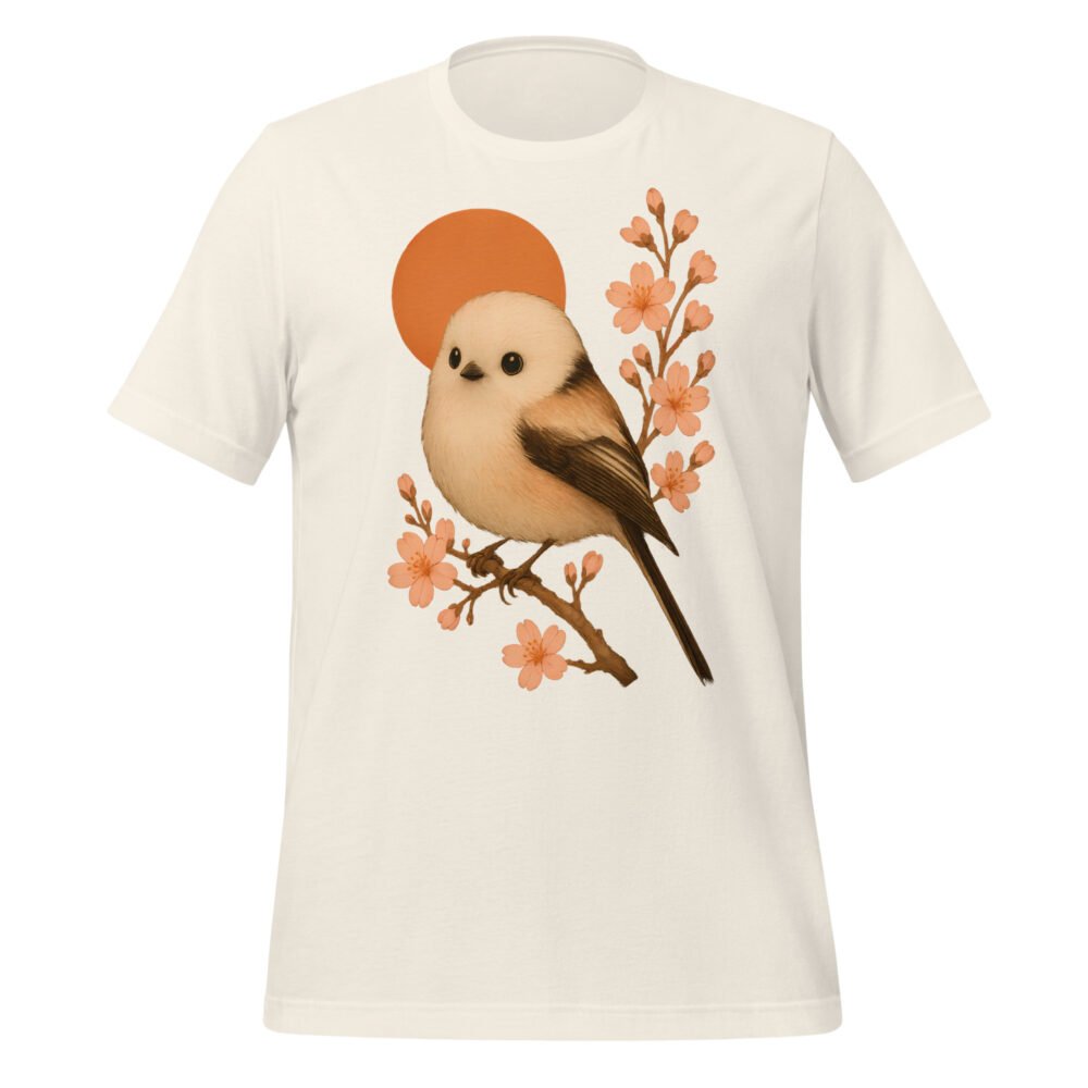 Japanese sakura blossom and orange moon graphic on a unisex tee.