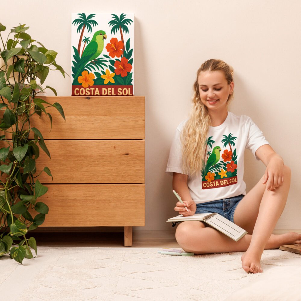 Model wearing the Costa del Sol parrot and palm trees tee, showcasing its comfortable fit