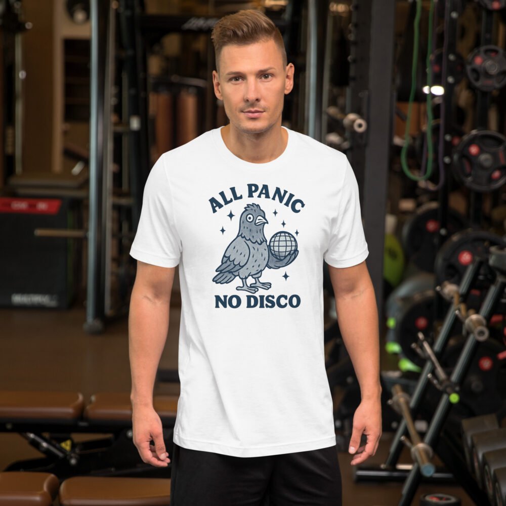 "All Panic No Disco" t-shirt with a funny retro pigeon holding a disco ball.