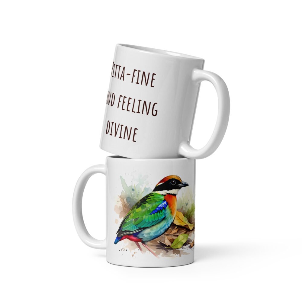 Artistic Rainbow Pitta design on illustrated drinkware; a unique ceramic bird art cup.