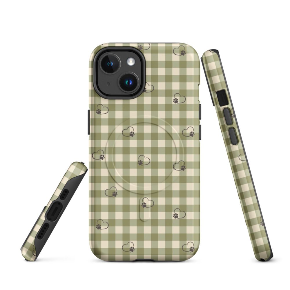 Heart Paw Print iPhone Case | Gingham MagSafe® Tough Cover - Image 3