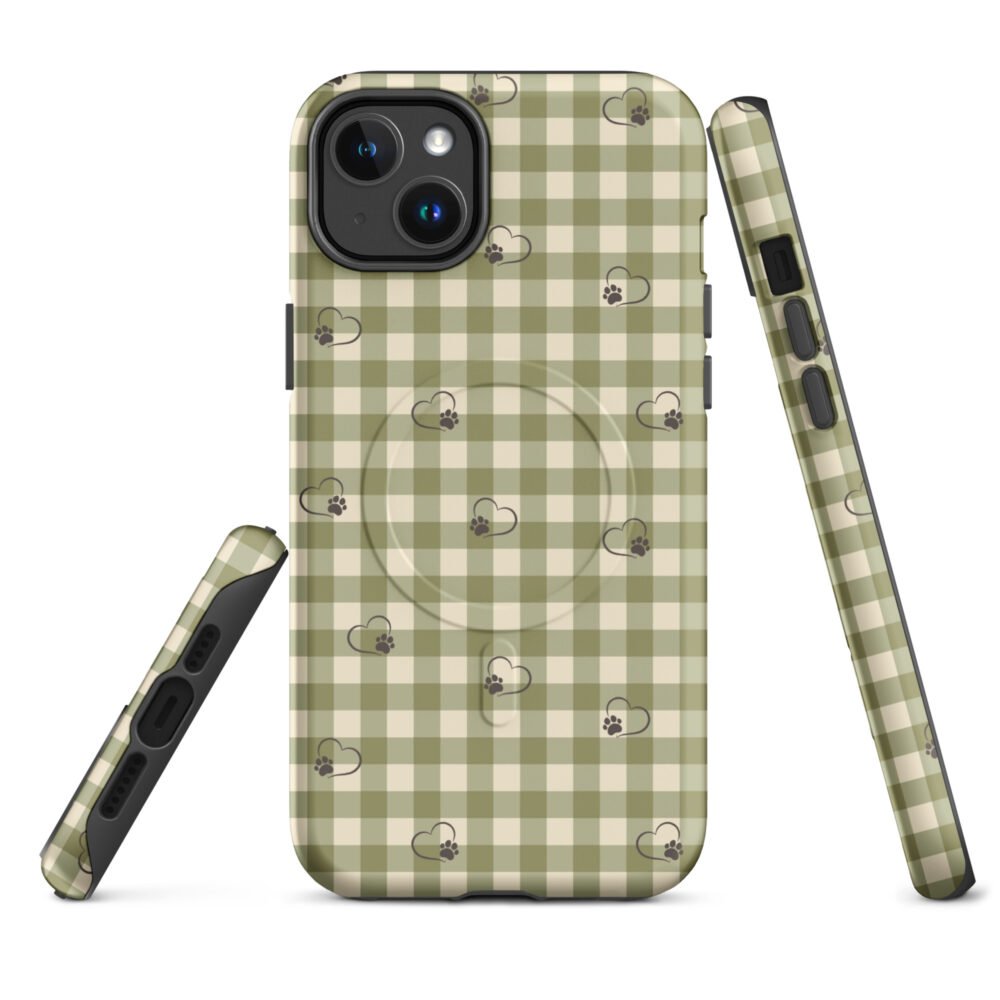 Heart Paw Print iPhone Case | Gingham MagSafe® Tough Cover - Image 5