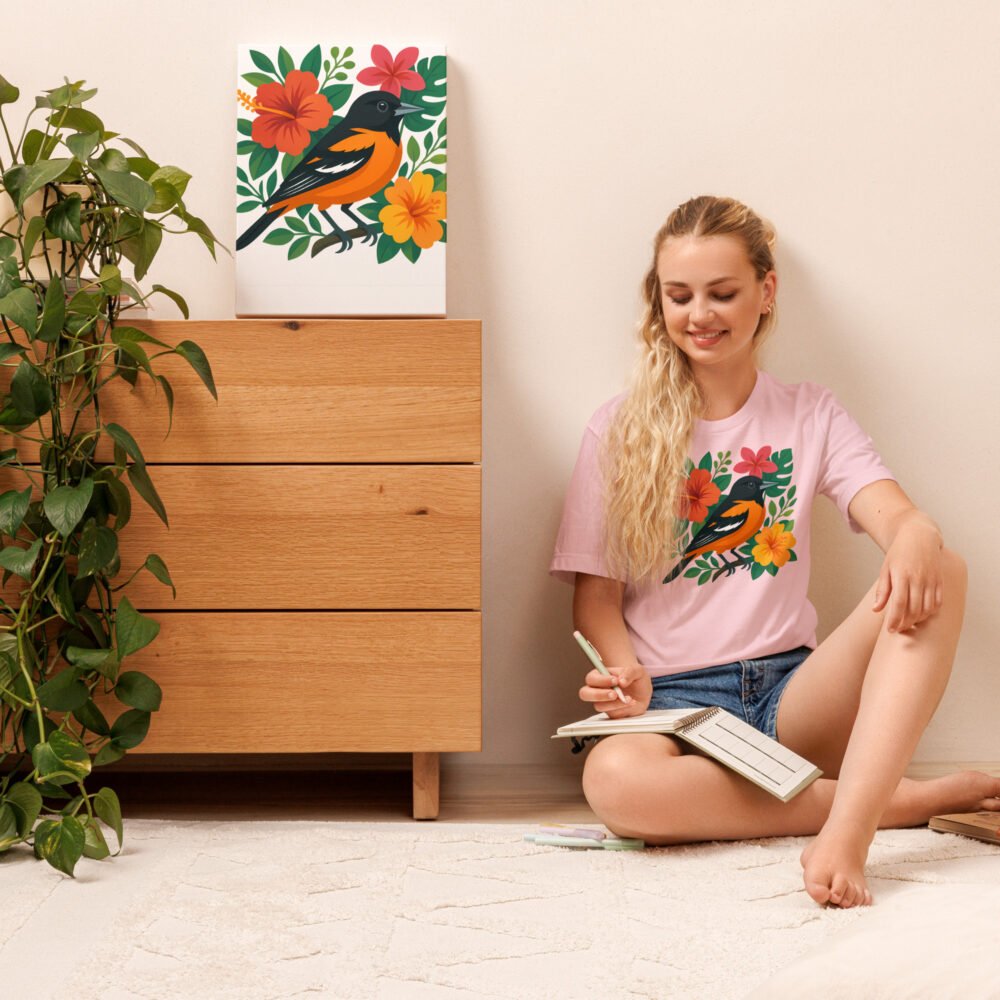 Unique Oriole design, summer bird tee, bright flower art
