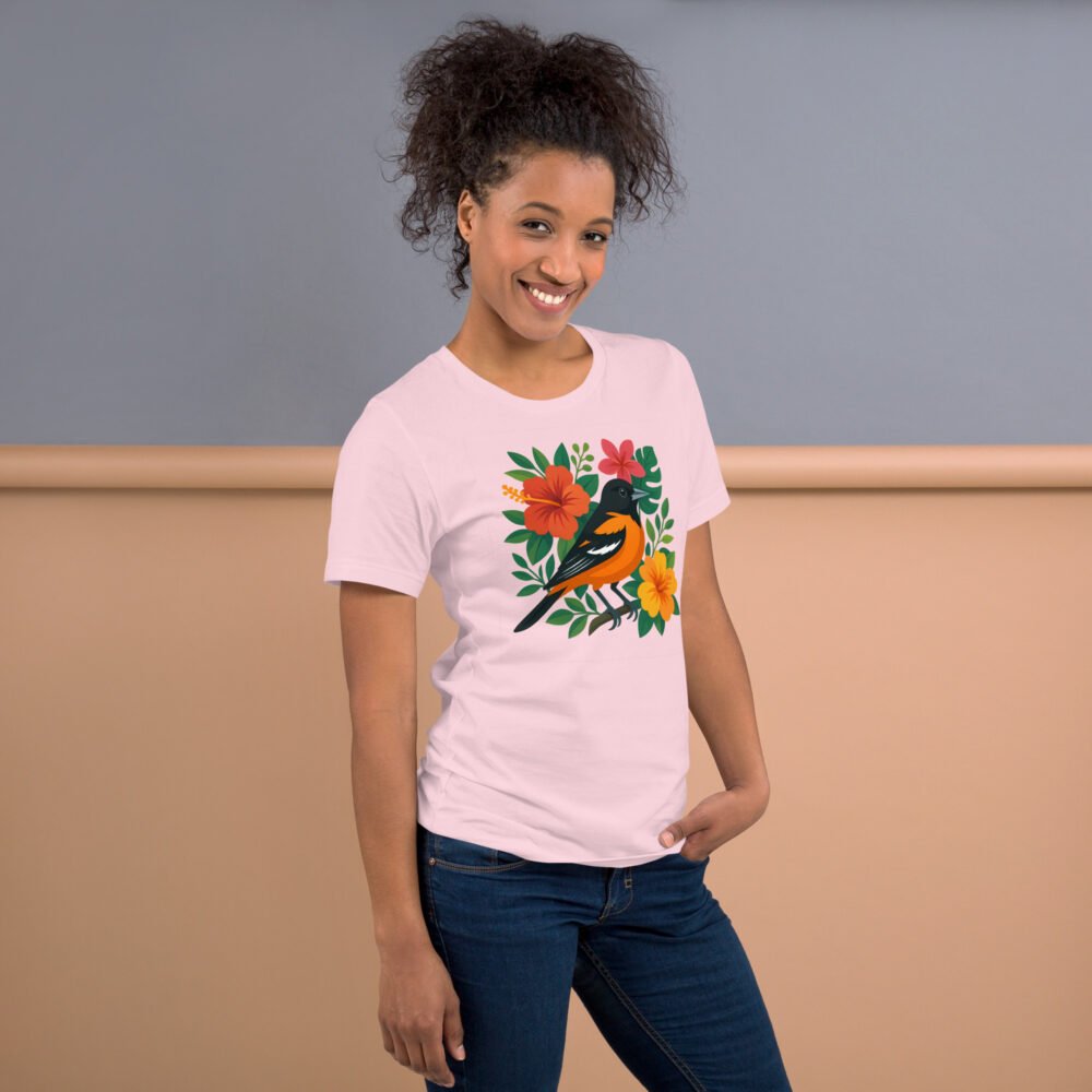 Birdwatching shirt, tropical theme, artistic Oriole print