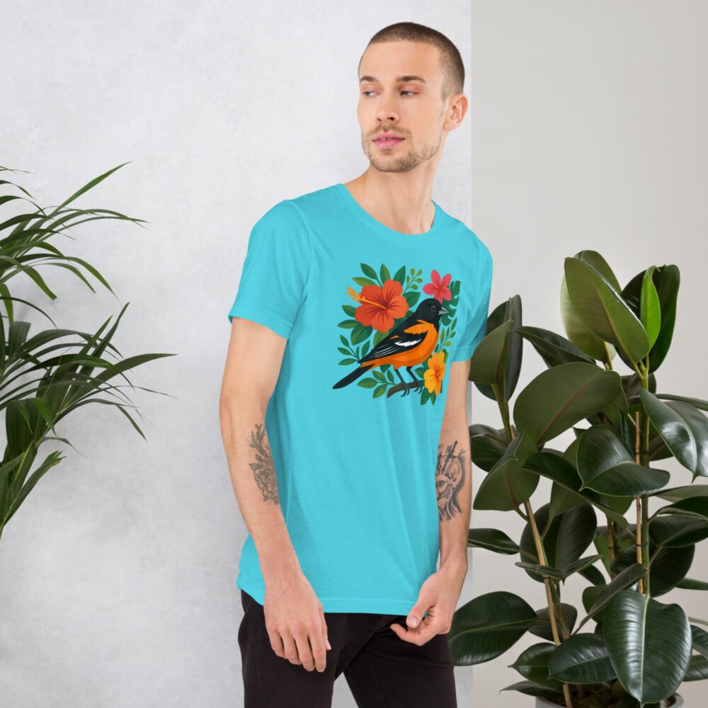 Orange and black bird shirt, floral nature design, birder gift