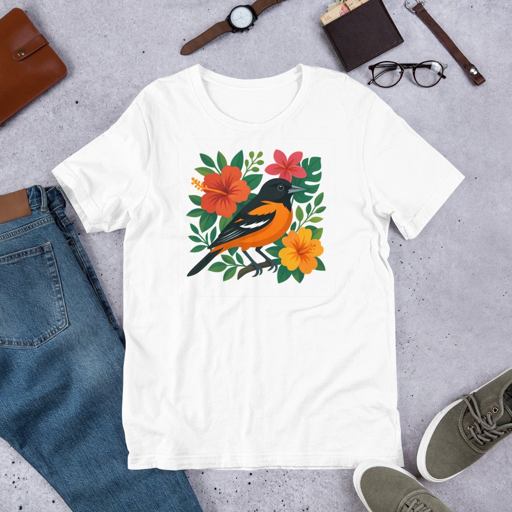 Baltimore Oriole bird art, tropical flowers, nature design