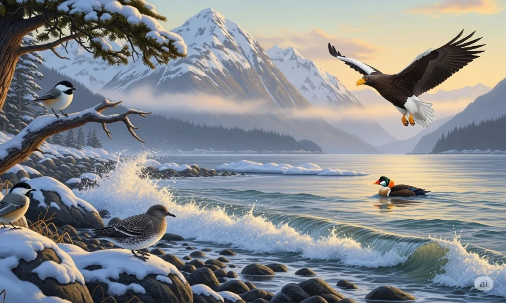 A realistic and majestic landscape of Alaska featuring a snow-capped mountain range, a misty body of water, and a tree. A Kittlitz's Murrelet and a Gray-headed Chickadee are perched on snow-dusted rocks, while a King Eider floats in the water and a Steller's Sea Eagle soars through the sky