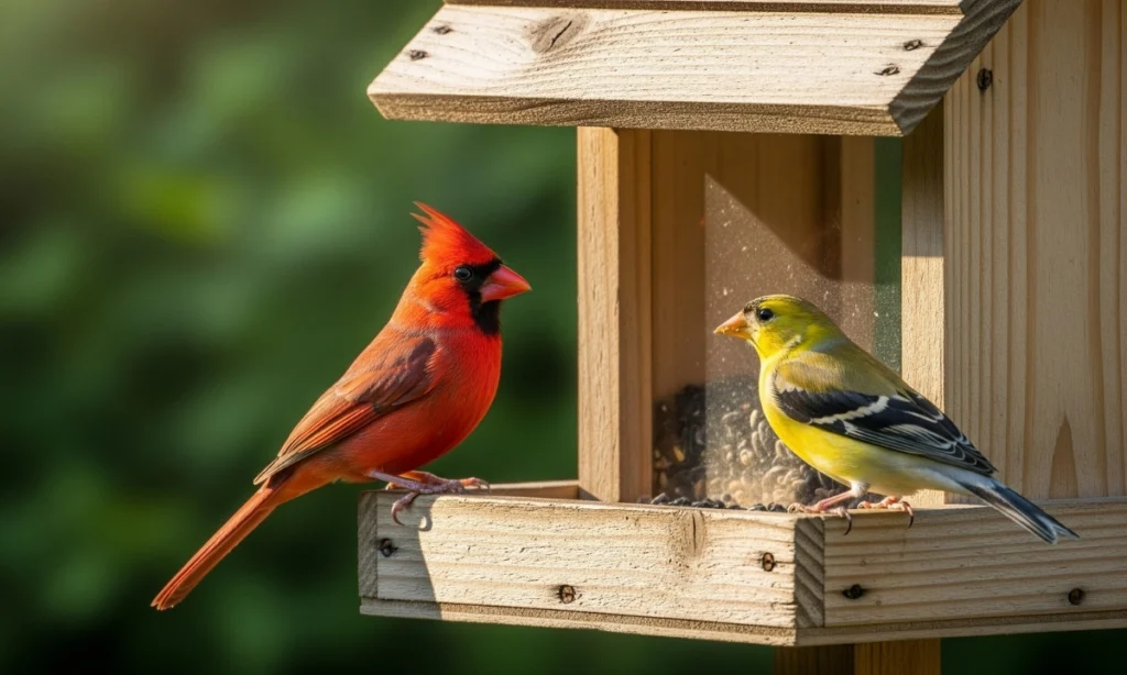 A professional photograph of a male Northern Cardinal and a female American Goldfinch on a wooden bird feeder in a lush green backyard.